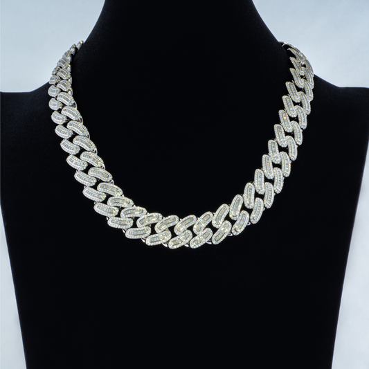 925 Silver Moissanite Baguette Cut Stone Setting Necklace Cuban Chain (CCAD)